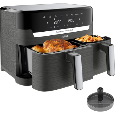 Abbildung von Tefal Heißluftfritteuse &quot;EY905B Fritteuse Dual Easy Fry &amp; Grill Doppelkammer, 8,3 L Kapazität&quot;, 2700 W, mit Hamburger Presse
