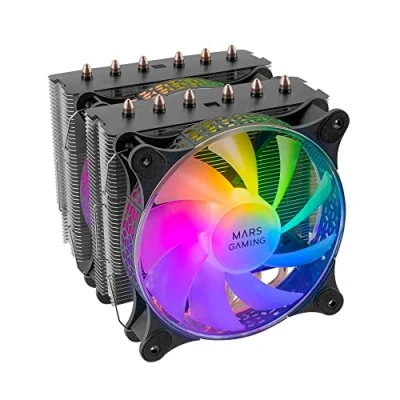 Abbildung von Mars Gaming MCPU XT Schwarz, CPU Kühlkörper, Dual Tower Kühlung, 6 HCT Heatpipes, TDP 300W, 2 ARGB PWM 12cm Lüfter