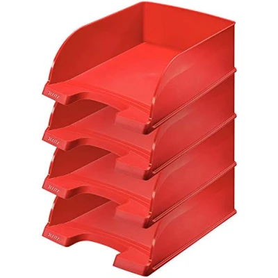 Abbildung von Leitz Briefkorb A4 Jumbo, 4er Pack, Briefablage mit extra großem Fassungsvermögen in Premium Qualität, Stapelbare Ablagefächer als Schreibtisch Organizer, Kombinierbar Plus Serie, Rot, 52330025