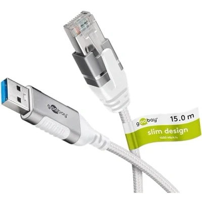 Abbildung von goobay USB A 3.0 auf RJ45 Ethernet CAT 6 Kabel Slim/Adapterkabel/stabile kabelgebundene Internetverbindung mit Router/Netzwerk Switch/USB Adapter / 1 Gbit/s 15 Meter/weiß 74384