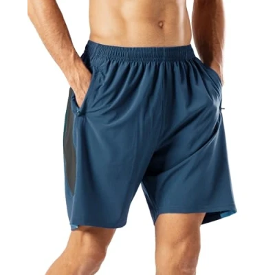 Abbildung von HMIYA Herren Sport Shorts Schnell Trocknend Kurze Hose mit Reißverschlusstasch (Blau,L)