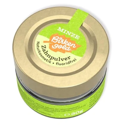 Abbildung von Birkengold Zahnpulver Minze 30 g Glas, 1 Stück, plastikfrei, im Glastiegel verpackt, 100% natürliche Zutaten, keine Schaumbildner und Konservierungsstoffe, Naturkosmetik zertifiziert, vegan