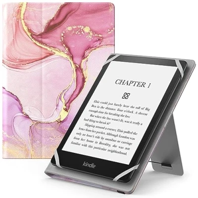 Abbildung von MoKo Hülle Kompatibel mit 6 7“ Tablet, Slim PU Tablet Schutzhülle Auto Schlaf/Aufwach Handschlaufe für Hellrosa Goldmarmor