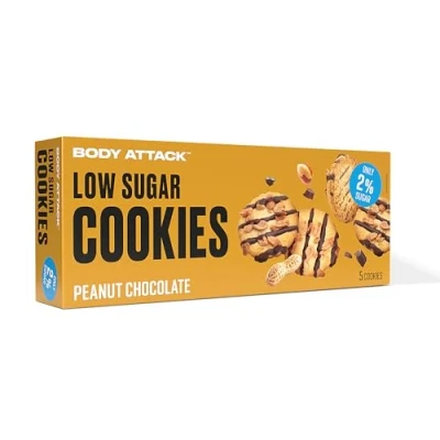 Abbildung von BODY ATTACK low sugar COOKIES Peanut Choc 125 g Köstliche Sorten mit wenig oder keinem Zucker Kekse Protein Eiweißreicher Snack Aspartamfrei, Made in Germany
