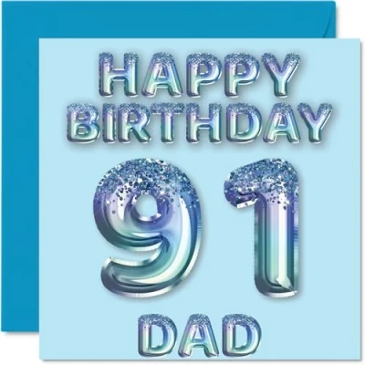 Abbildung von Geburtstagskarte zum 91. Geburtstag für Vater, blaue Glitzer Partyballons, Happy Birthday Karten 91 Jahre alten Vater vom Sohn, Tochter, 145 mm x mm, Geburtstagsgrußkarten, Geschenk
