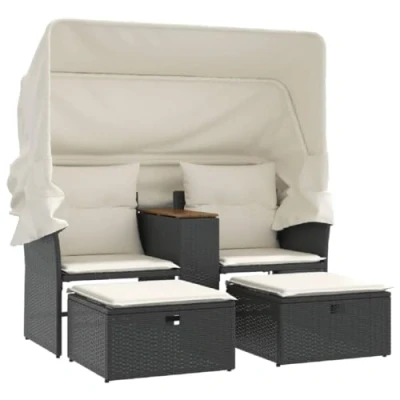 Abbildung von vidaXL Gartensofa 2 Sitzer, Outdoor Sofa mit Sonnendach, Terrassensofa Hockern, Gartenmöbel Sofagarnitur Gartengarnitur, Schwarz Poly Rattan