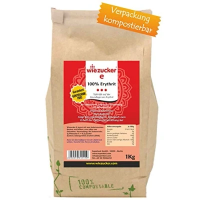Abbildung von Wiezucker Erythrit 1kg kalorienfrei in Plastikfreier, umweltfreundlicher, Verpackung 1er Pack (1 x )