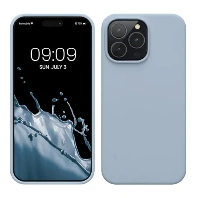 Abbildung von kwmobile Hülle für das iPhone 14 Pro Max dünnes Silikon Handy Case stoßfeste Handyhülle mit weicher Oberfläche unterstützt kabelloses Laden Hellblau matt