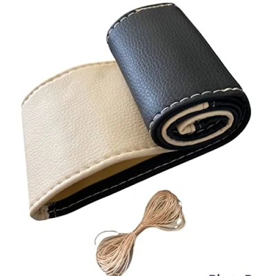 Abbildung von LB113 Lenkradbezug 37 39 cm zum Schnüren Schwarz Beige Leder mit Naht