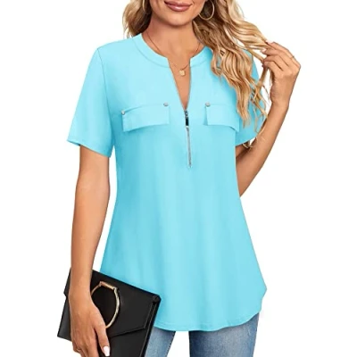 Abbildung von Amrto Damen Hellblau V Ausschnitt Shirt Kurzarm T Sommer Tunika Casual Bluse Elegant,L