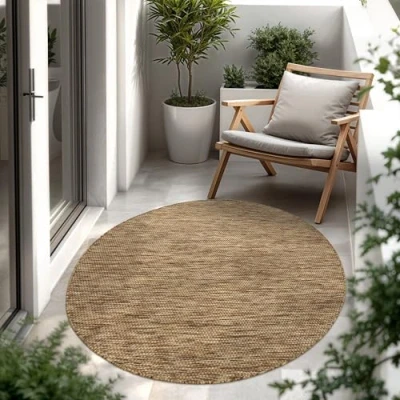 Abbildung von Paco Home Outdoor Teppich Wetterfest Wohnzimmer Balkon Küchenteppich Flachgewebe Sisaloptik Meliert Einfarbig, Grösse:200 cm Rund, Farbe:Coffee