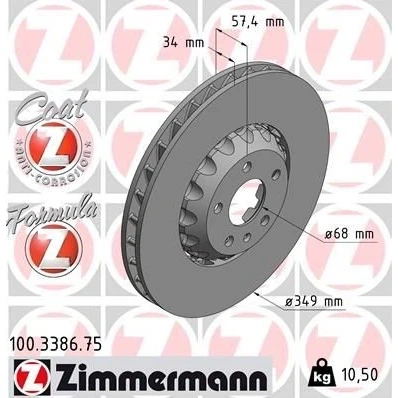 Abbildung von ZIMMERMANN 100.3386.75 Bremsscheibe 349 34 6/5 5 112 Belüftet, Verbundbremsscheibe beschichtet legiert/hochgekohlt AUDI: A7 Sportback, A8, A6 C8 Avant