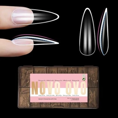 Abbildung von NOVO OVO L Sculpted Almond Nail Tip for Curved Nails, geformte Ballerina für gebogene Nägel, extra dicke lange künstliche vollständige Abdeckung x 15 Größen, 450 Stück