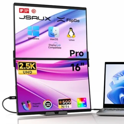 Abbildung von JSAUX FlipGo 16&quot; Pro 2.5K Dual Screen Tragbarer Monitor Triple Laptop Bildschirmerweiterung，EIN Kabel für IPS Bildschirme，Integrierter HUB，Magnetisches Design Windows, Linux, MacOS