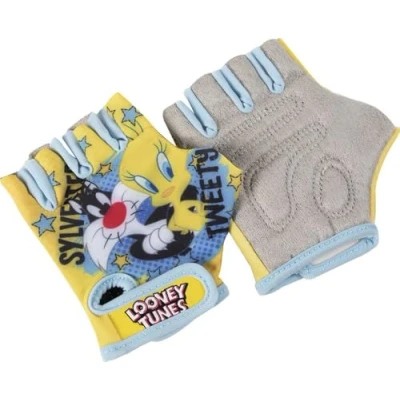 Abbildung von Warner Bros Paar Fahrradhandschuhe Kind Looney Tunes Tweety Sylvester ohne Finger gelb blau Cartoons