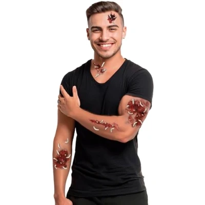 Abbildung von FIESTAS GUIRCA Wunden mit Würmern Tattoo (30x13 cm) Make up und FX für Halloween, Karneval Kostümpartys Zombies Vampire