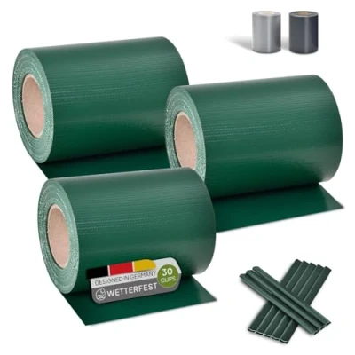 Abbildung von Juskys PVC Sichtschutzstreifen Doppelstabmatten Zaun 3er Set 3 Rollen á 35m x 19cm 90 Befestigungsclips Zaunfolie Sichtschutz Windschutz grün