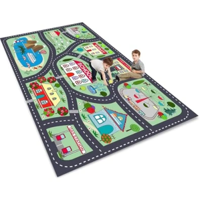 Abbildung von ZFHNYJWKL Kinder spielteppich Auto Jungen &amp; Mädchen Teppich Straßenteppich Bauteppich Stadtstadt Lernbereich Pädagogischer Antirutsch für Kinderzimmer Grau Blau Grün(D,80X160CM)