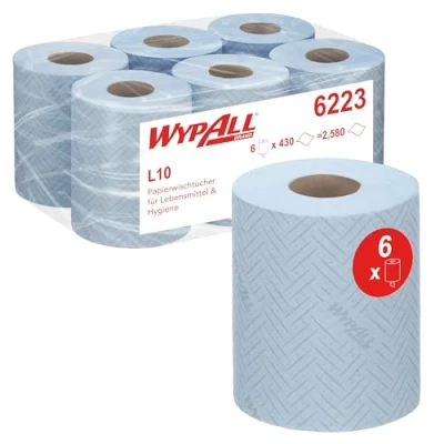 Abbildung von WypAll L10 Papierreinigungstücher für Lebensmittel und Hygiene 6223 1 lagige blaue Rolle mit Zentralentnahme 6 Rollen x 430 (insges. 2.580)