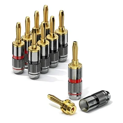 Abbildung von conecto Bananenstecker High End, für alle Lautsprecherkabel mit einem Durchmesser von max. 6mm², 8 Stück umlaufenden Farbring, rot/schwarz, 24k vergoldete Stecker, schwarz