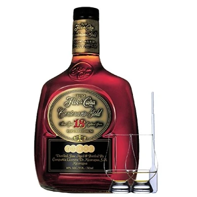 Abbildung von Flor de Cana Centenario Gold 18 Jahre Nicaragua 0,7 Liter + 2 Glencairn Gläser Einwegpipette 1 Stück