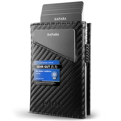 Abbildung von DAPARA Slim Wallet mit Münzfach &amp; RFID Schutz Geldbörse Herren klein Portmonee Kartenetui für 12 Karten Smart for Men Geldbeutel Kreditkartenetui Carbon Silver