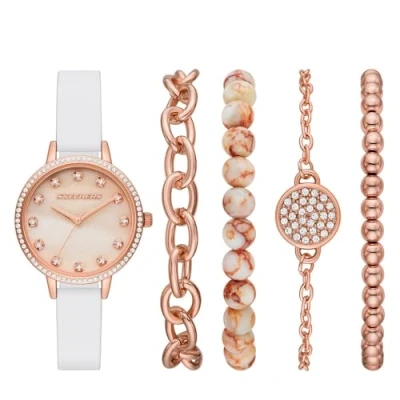 Abbildung von Skechers Quarzuhr MOP DIAL SET, SR9080, (Set, 5 tlg., mit 4 dazu passenden Schmuckarmbändern), Armbanduhr, Damenuhr, Glitzer, ideal als Geschenk