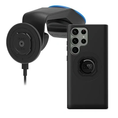 Abbildung von Quad Lock Windschutzscheibe /Armaturenbrett Saugnapfhalterung Handyhalterung Auto mit MAG Wireless Charging Head V2 und Galaxy S23 Ultra Hülle