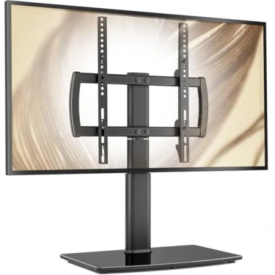 Abbildung von Universal schwenkbarer TV Ständer/Tischfuß Ständer 27 bis 60 Zoll TVs 80 Grad schwenkbar, 4 Stufen höhenverstellbar, Schwerer gehärteter Glassockel, hält zu 45kg Bildschirme, HT04B 001P