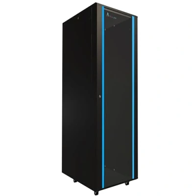 Abbildung von Netzwerkschrank 19 Zoll 42 HE 600x800 freistehend abnehmbare Seitenwände selbstmontierender Rahmen Serverschrank für Switches UPS Server gehärtetes Glas Schwarz Rack