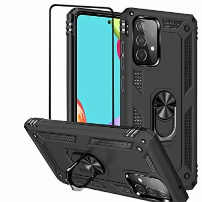 Abbildung von Folmeikat Hülle für Samsung Galaxy A52 5G,Galaxy A52S 5G, 4G, Displayschutzfolie, 360 Grad drehbarer Metallring,Stoßdämpfung,Verstärkte Ecken,TPU 5G/A52S 5G/A52 4G Schwarz