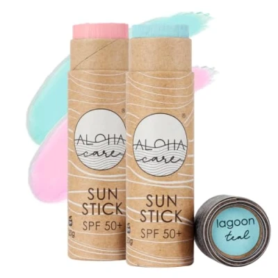 Abbildung von Aloha Sun Stick LSF 50+ Gesichtsmineral Sonnenschutz zum Surfen Eco Paper 20g (2 pack (Seegrün + Pink))