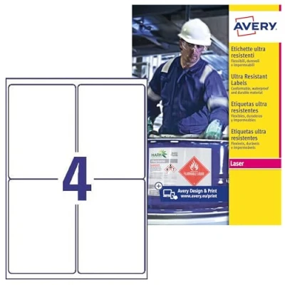 Abbildung von Avery b716950 A4 Ultra robuste Wasserdicht GHS Etiketten, bs5609 zertifiziert, für alle Drucker, 99 x 139 mm, weiß