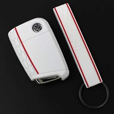 Abbildung von Schlüssel Hülle + Keytag VB für 3 Tasten Auto Silikon Cover von Finest Folia (Weiß Rot)