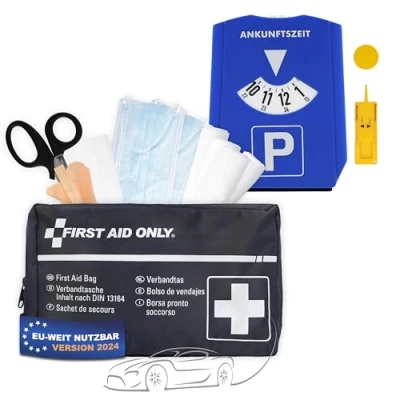 Abbildung von FIRST AID ONLY® KFZ Verbandtasche Set DIN 13164 inkl. 5 in 1 Parkscheibe, Auto Verbandskasten, (Bundle), Notfalltasche für und Motorrad