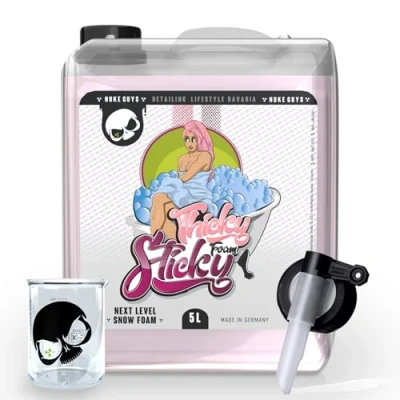 Abbildung von Nuke Guys Thicky Sticky Snow Foam pH neutral, 5L Konzentrat mit Ausgießhahn &amp; Messbecher für Pump Sprüher, Schaumlanze, Folien und matte Lacke geeignet, dicken Schaum bei der Vorwäsche