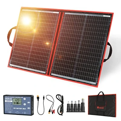 Abbildung von DOKIO Solarpanel Faltbar 100W Monokristalline Solarmodule Tragbar mit Solarladeregler (LCD Anzeige + 2 USB Ausgang), PV Kabel (3 Meter), 5 DC Adapter