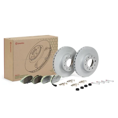 Abbildung von BREMBO KT 10 002 Bremsscheiben und beläge innenbelüftet mit Zubehör Schrauben, Bremssattelschrauben inkl. Verschleißwarnkontakt