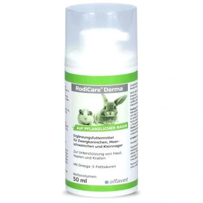 Abbildung von Alfavet RodiCare Derma zur Unterstützung von Haut, Haaren und Krallen, Nahrungsergänzung für Zwergkaninchen, Meerschweinchen, Kleinnager, 50ml Spender