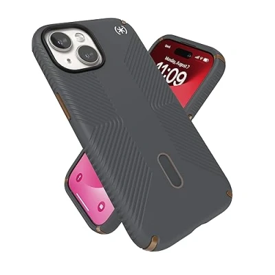 Abbildung von Speck iPhone 15 Hülle ClickLock rutschfeste Interlock, gebaut für MagSafe, Fallschutzgriff 15, 14, 136,1 Zoll Handyhülle Presidio2 Grip Anthrazitgrau/Cool Bronze/Weiß