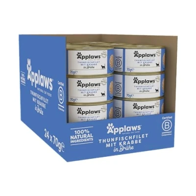 Abbildung von Applaws 100% natürliches Premium Nassfutter für Katzen, Thunfischfilet mit Krabben in Brühe ausgewachsene Katzen Packung 24 x 70g Dosen