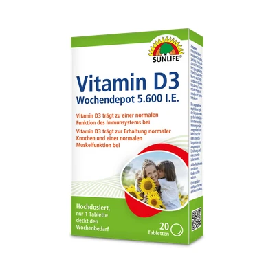Abbildung von SUNLIFE SUNLIFE® Vitamin D3 Wochendepot 20 Tabletten Knochen Langzeitwirkung 1 x wöchentlich eine Tablette mit ausreichend Flüssigkeit einnehmen