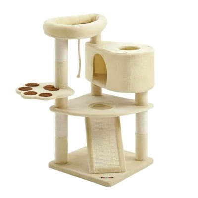 Abbildung von Feandrea Kratzbaum, Katzenbaum niedlich, mit Plattform, Höhle, Kratzrampe, mehrstöckig, Katzenkratzbaum Kratzsäulen, für Katzen bis zu 7 kg, 49 x 95 cm, einfache Montage, beige PCT40M