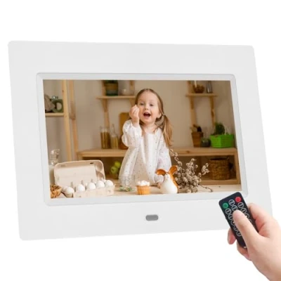 Abbildung von Digitaler Bilderrahmen 7 Zoll, HD IPS Bildschirm Elektronischer mit Fernbedienung Foto/Video/Musik/Kalender Unterstützung USB SD Karte (Weiß)