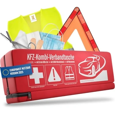 Abbildung von HELDENWERK KFZ Kombitasche (3 in 1) nach aktueller Norm 2025 Inkl. Warndreieck, Warnweste Verbandskasten Warndreieck Set Auto DIN 13164:2022 (StVO konform)