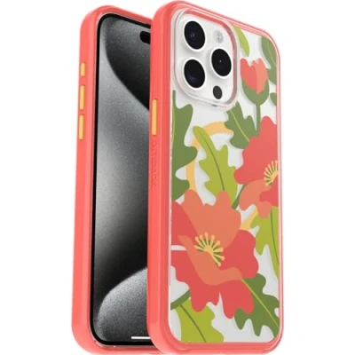 Abbildung von OtterBox Symmetry Clear MagSafe transparente Hülle für Apple iPhone 15 Pro Max, stoßfest, sturzsicher, schützende Hülle, 3X getestet nach Militärstandard, Quilted Poppies