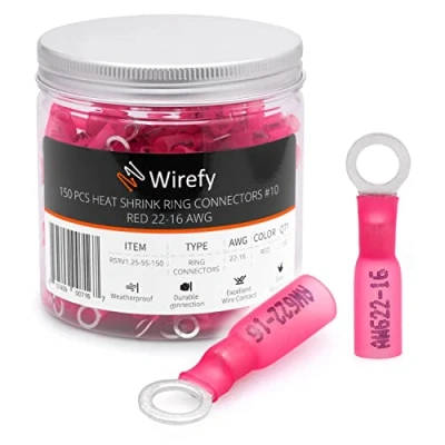 Abbildung von Wirefy Rote Ringkabelschuhe Schrumpfverbinder M5 Lötfreie Kabelschuhe Sortiment Ringkabelschuh Quetschverbinder 0,5 1,5 mm² 150 Stück