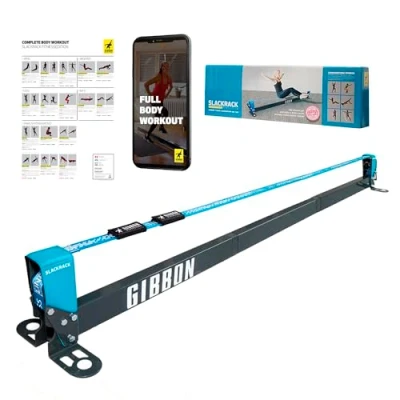 Abbildung von Gibbon Slacklines Slackrack Fitness Edition, grau/blau, Aufbaulängen: 2 oder 3 Meter, mit Handgriffen, Stretchband und Übungsposter, Höhe: 30 cm, Breite: Inch 5 cm