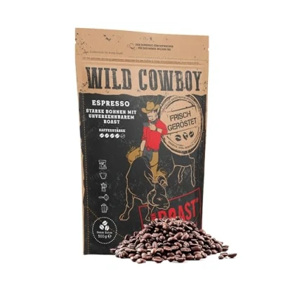Abbildung von Blank Roast Wild Cowboy Espresso Espressobohnen 500g mit Hickoryholz geröstet Arabica &amp; Edel Robusta Blend aus Brasilien Uganda schokoladigen Nuancen säurearm