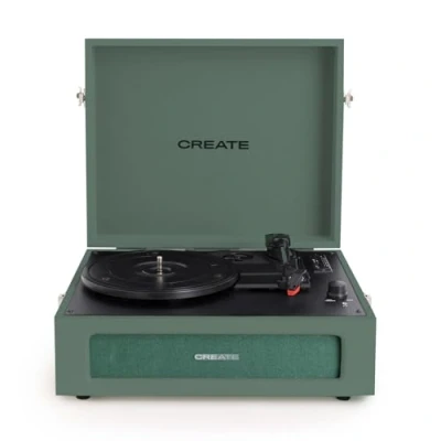 Abbildung von CREATE RECOR Retro Spieler, Plattenspieler, Salbeigrün, mit Bluetooth, USB, SD, MicroSD und MP3